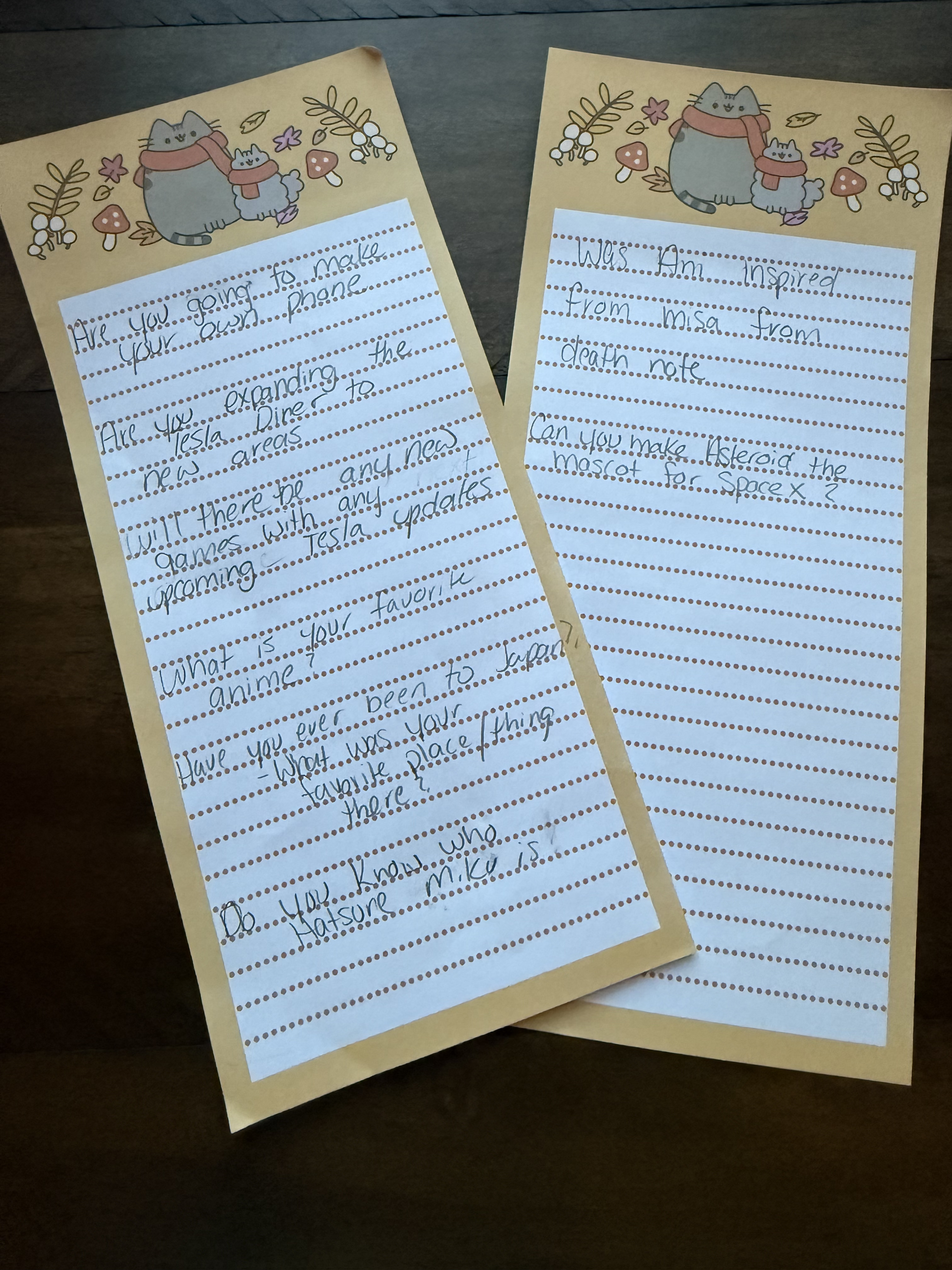 Liv's handwritten 8 questions for Elon