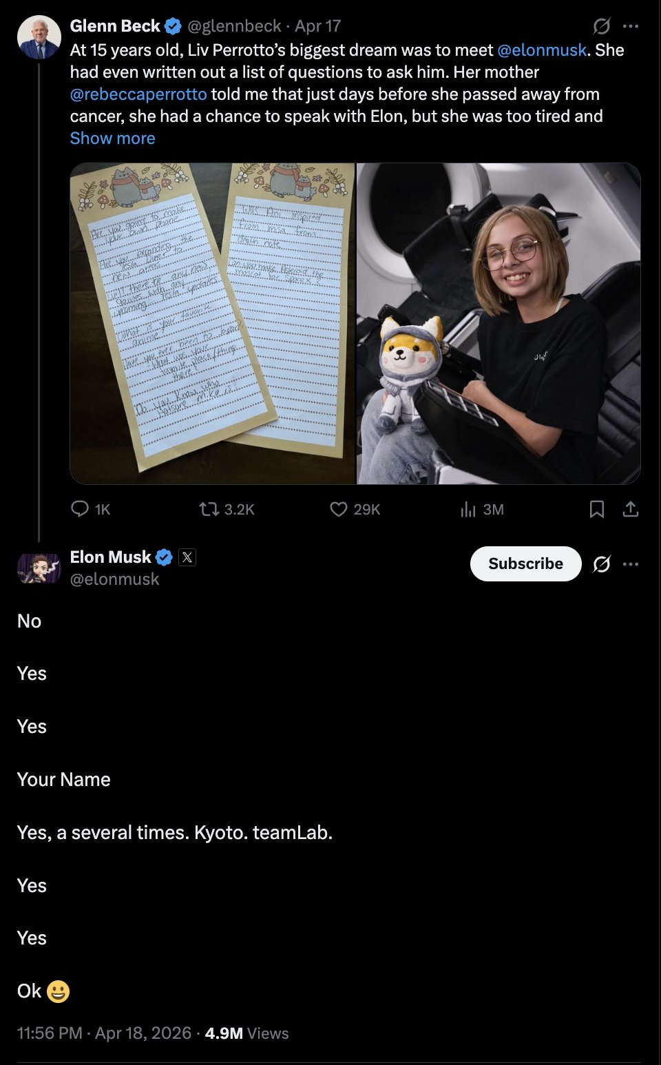 Elon Musk's reply to Liv's 8 questions on X
